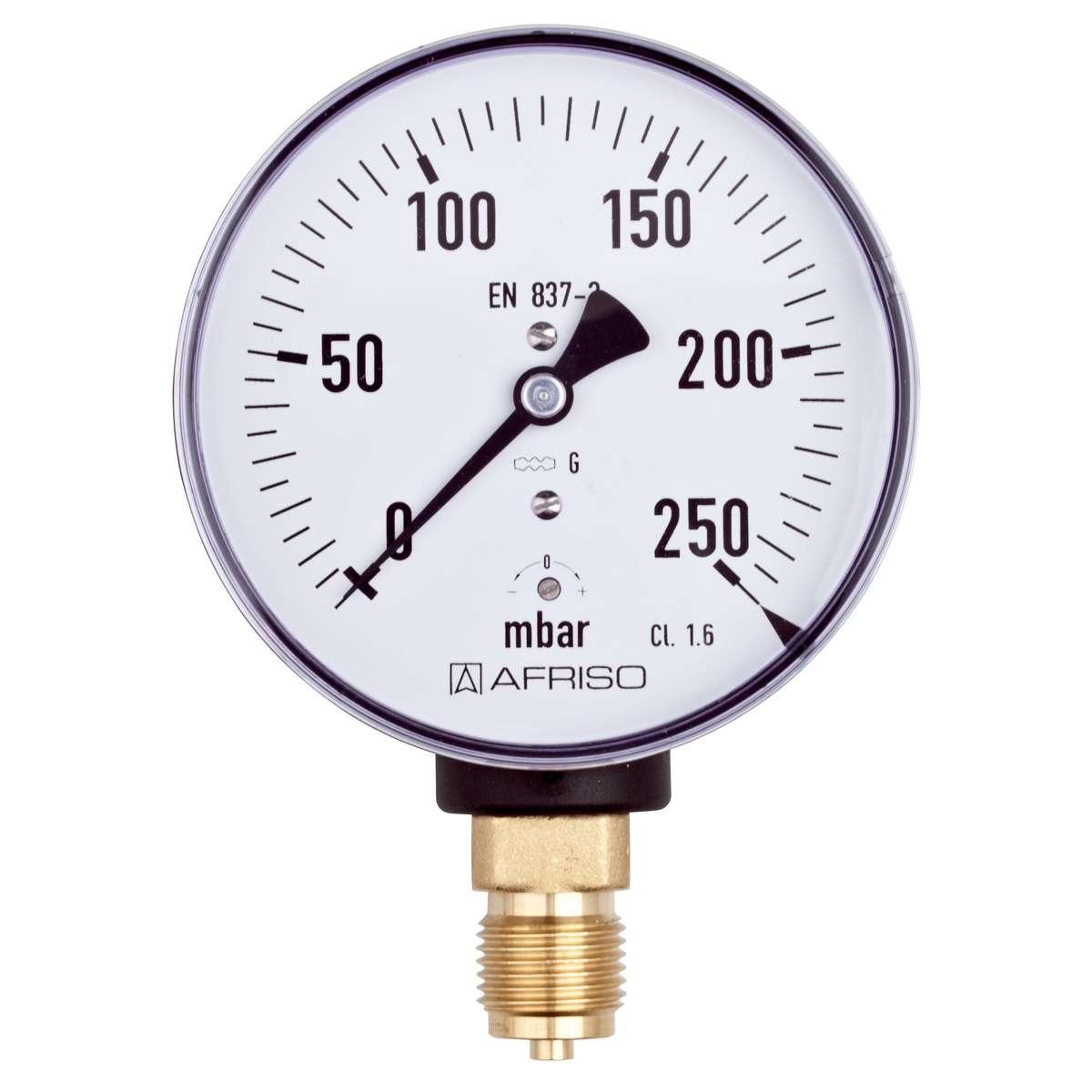Manometr KP 100 pro plynná média, Ø 100 mm, 0 ÷ 1000 mbar, G½", radiální, typ D2 - AFRISO.CZ