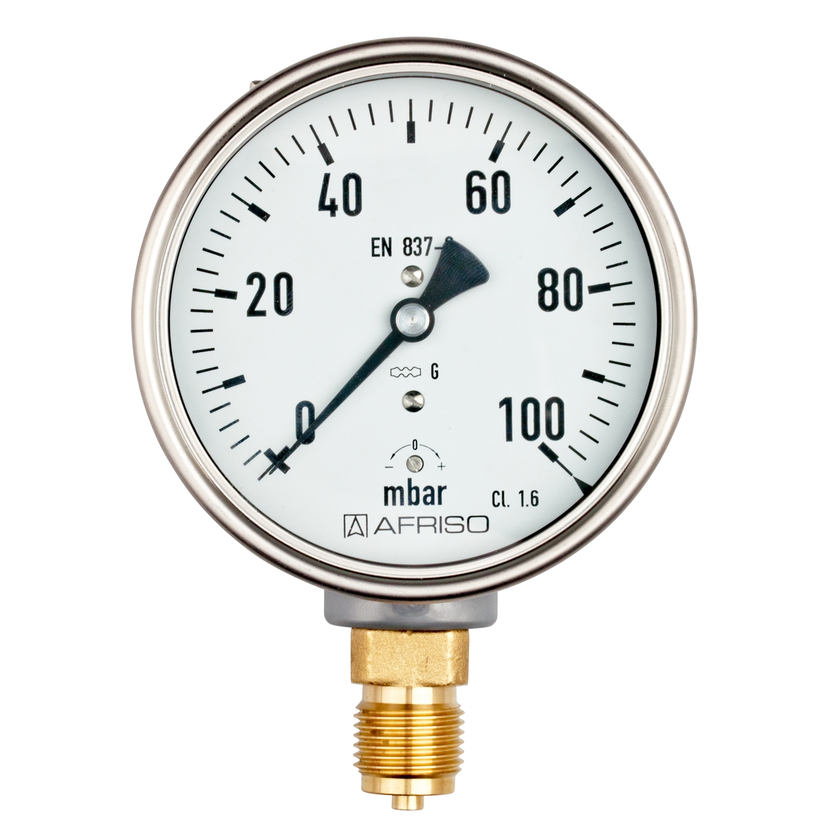 Manometr KP 100 pro plynná média, nerezový, Ø 100 mm, 0 ÷ 100 mbar, G½", radiální, typ D4 - AFRISO.CZ