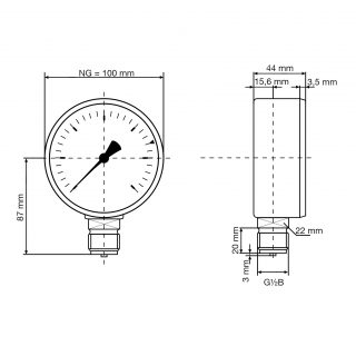 Manometr KP 100 pro plynná média, nerezový, Ø 100 mm, 0 ÷ 25 mbar, G½", radiální, typ D3 - AFRISO.CZ