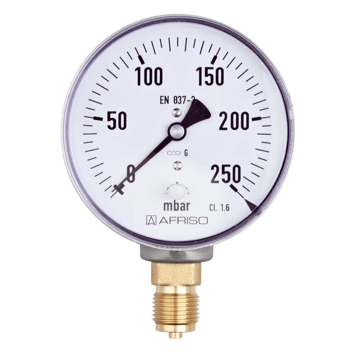 Manometr KP 100 pro plynná média, nerezový, Ø 100 mm, 0 ÷ 40 mbar, G½", radiální, typ D3 - AFRISO.CZ
