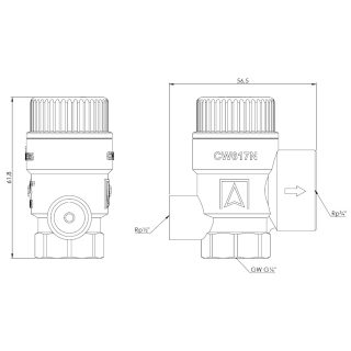 Pojistný ventil pro ústřední topení MS s výstupem pro manometr GW G¼", 3 bary, Rp½" x Rp¾" - AFRISO.CZ