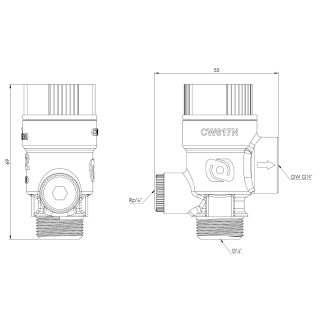 Pojistný ventil pro ústřední topení MS s výstupem pro manometr GW G¼", 2,5 baru, G½" x Rp½" - AFRISO.CZ