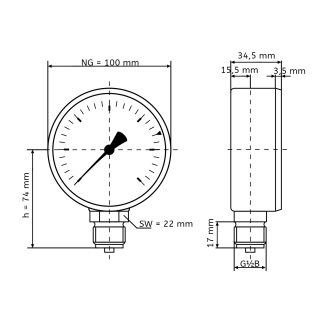 Hydrometr HY 100, Ø 100 mm, 0 ÷ 10 bar, G½" - AFRISO.CZ