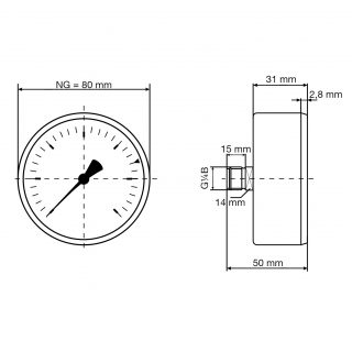 Manometr pro topení HZ 80, Ø 80 mm, 0 ÷ 4 bary, G½", axiální s ventilem - AFRISO.CZ