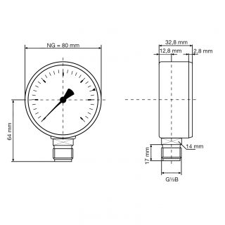 Manometr pro topení HZ 80, Ø 80 mm, 0 ÷ 4 bary, G½", radiální s ventilem - AFRISO.CZ