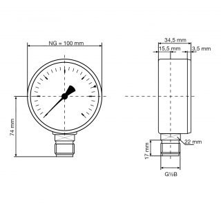 Manometr pro topení RF 100, Ø 100 mm, 0 ÷ 10 bar, G½", radiální - AFRISO.CZ